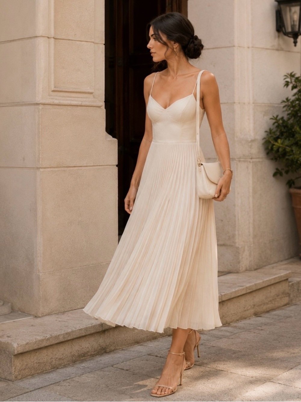 Azazie Atelier Emma Stretch Satin Pleated Midi Dress Corset Cream 10 - Picture 5 of 17